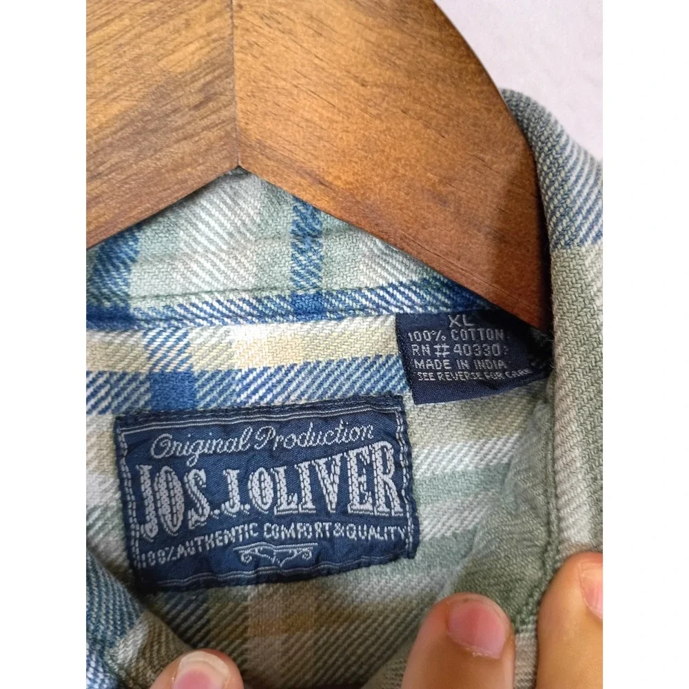 Rustic Grunge Jos J Oliver Mens XL Green Blue Plaid Cotton Flannel Button Shirt